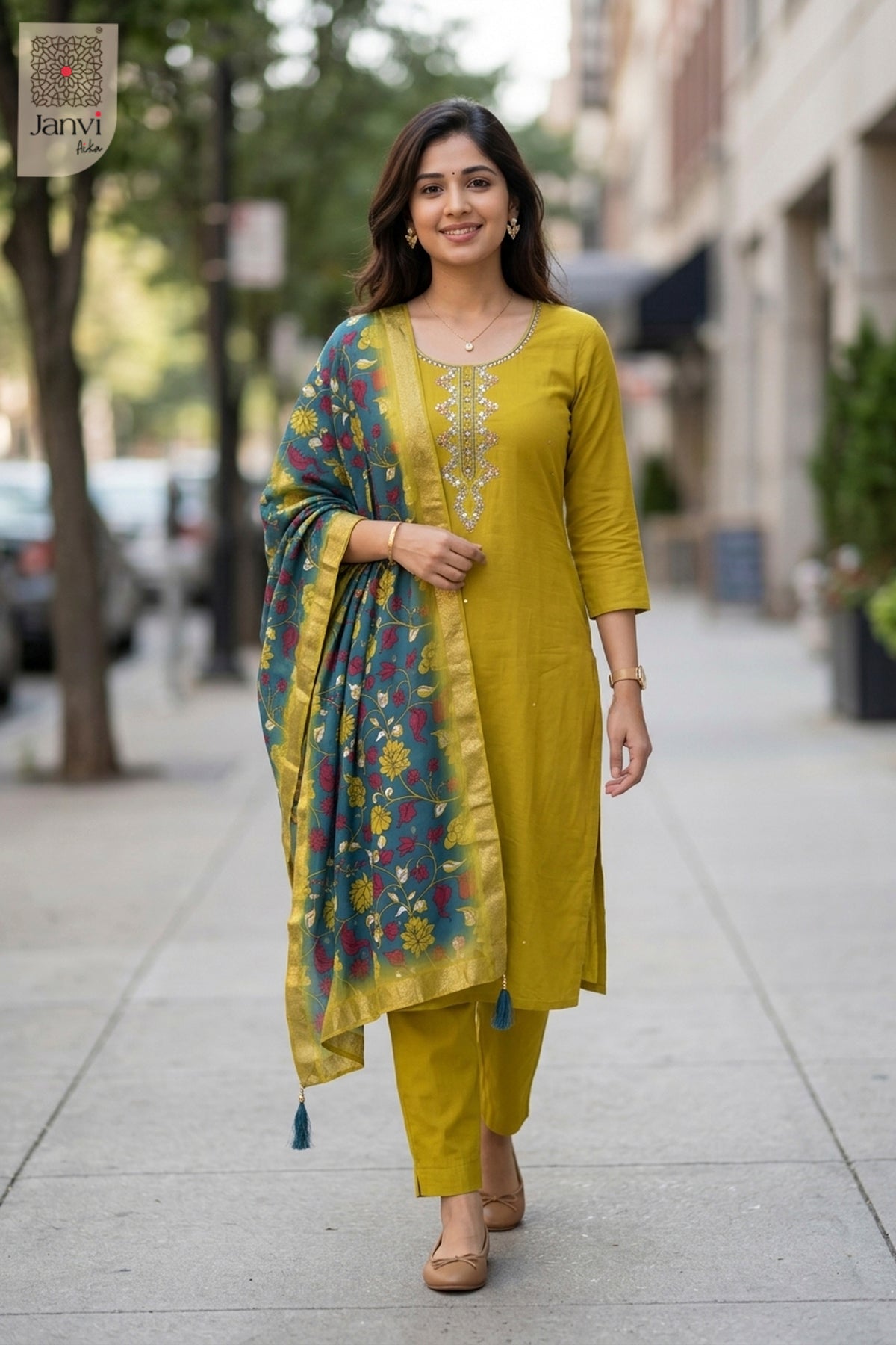 Parrot Green Silk Blend Embroidered Chudidhar Set with Floral Dupatta – Festive Wear