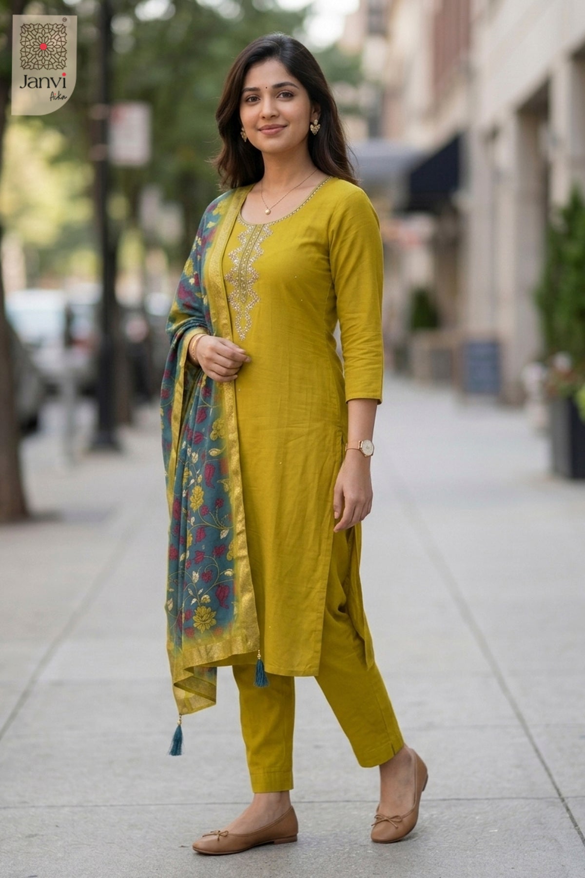 Parrot Green Silk Blend Embroidered Chudidhar Set with Floral Dupatta – Festive Wear