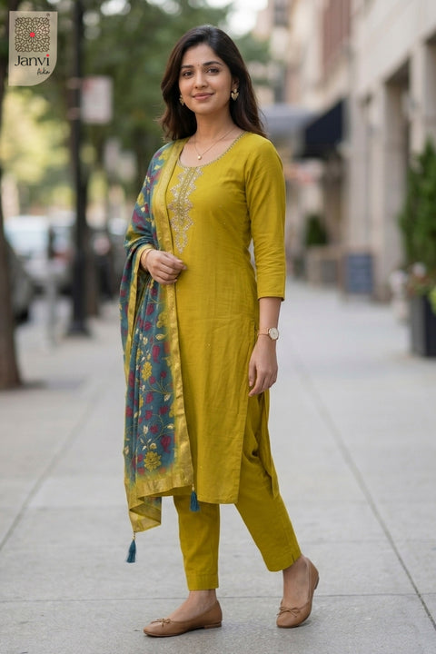Parrot Green Silk Blend Embroidered Chudidhar Set with Floral Dupatta – Festive Wear