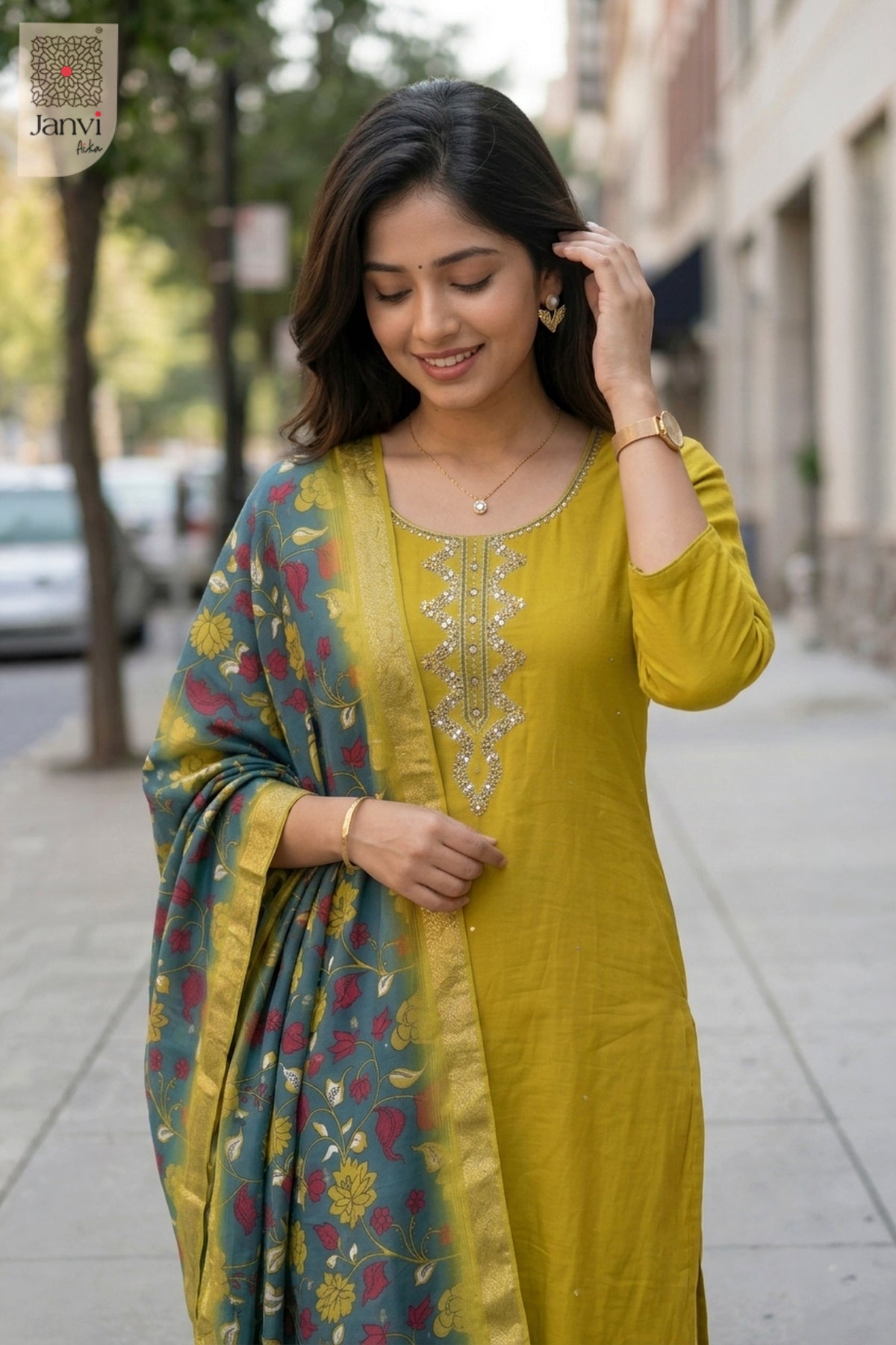 Parrot Green Silk Blend Embroidered Chudidhar Set with Floral Dupatta – Festive Wear