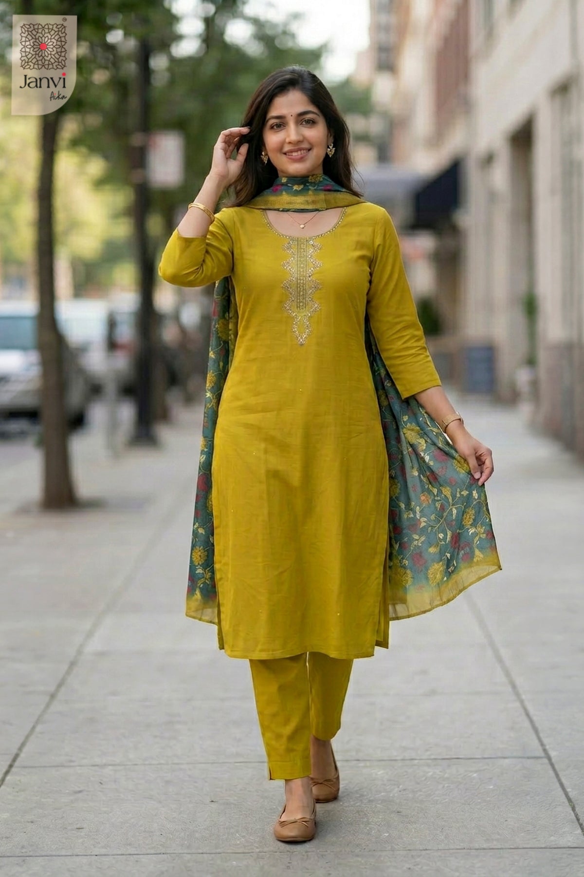 Parrot Green Silk Blend Embroidered Chudidhar Set with Floral Dupatta – Festive Wear