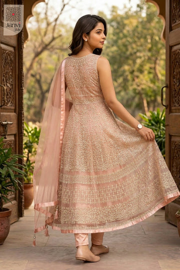 Back view showing neckline styling of Peach Mist Zareen for indo western party wear for ladies.