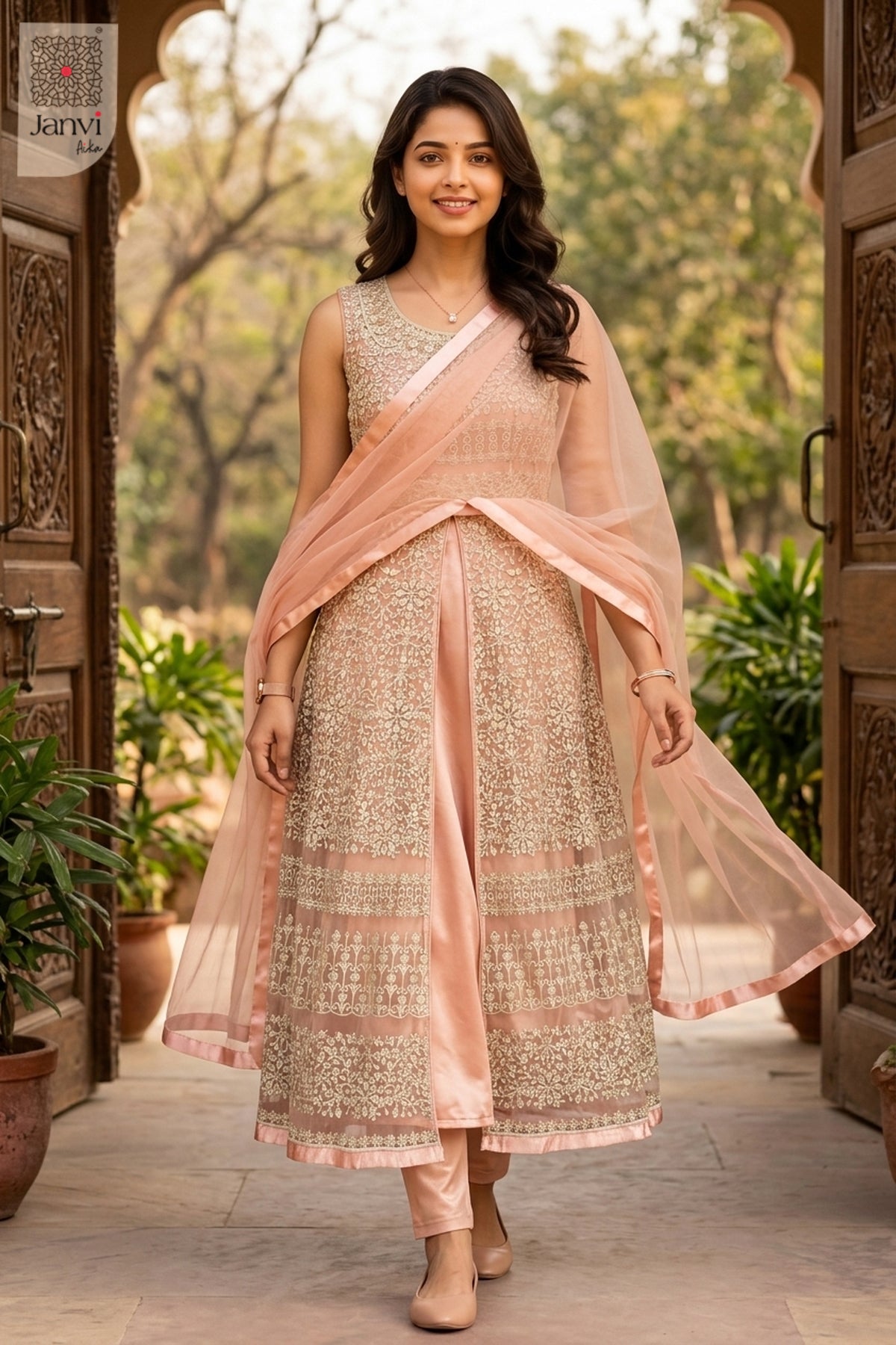 Front angled view of the flared silhouette of Peach Mist for women's black dresses with sleeves.