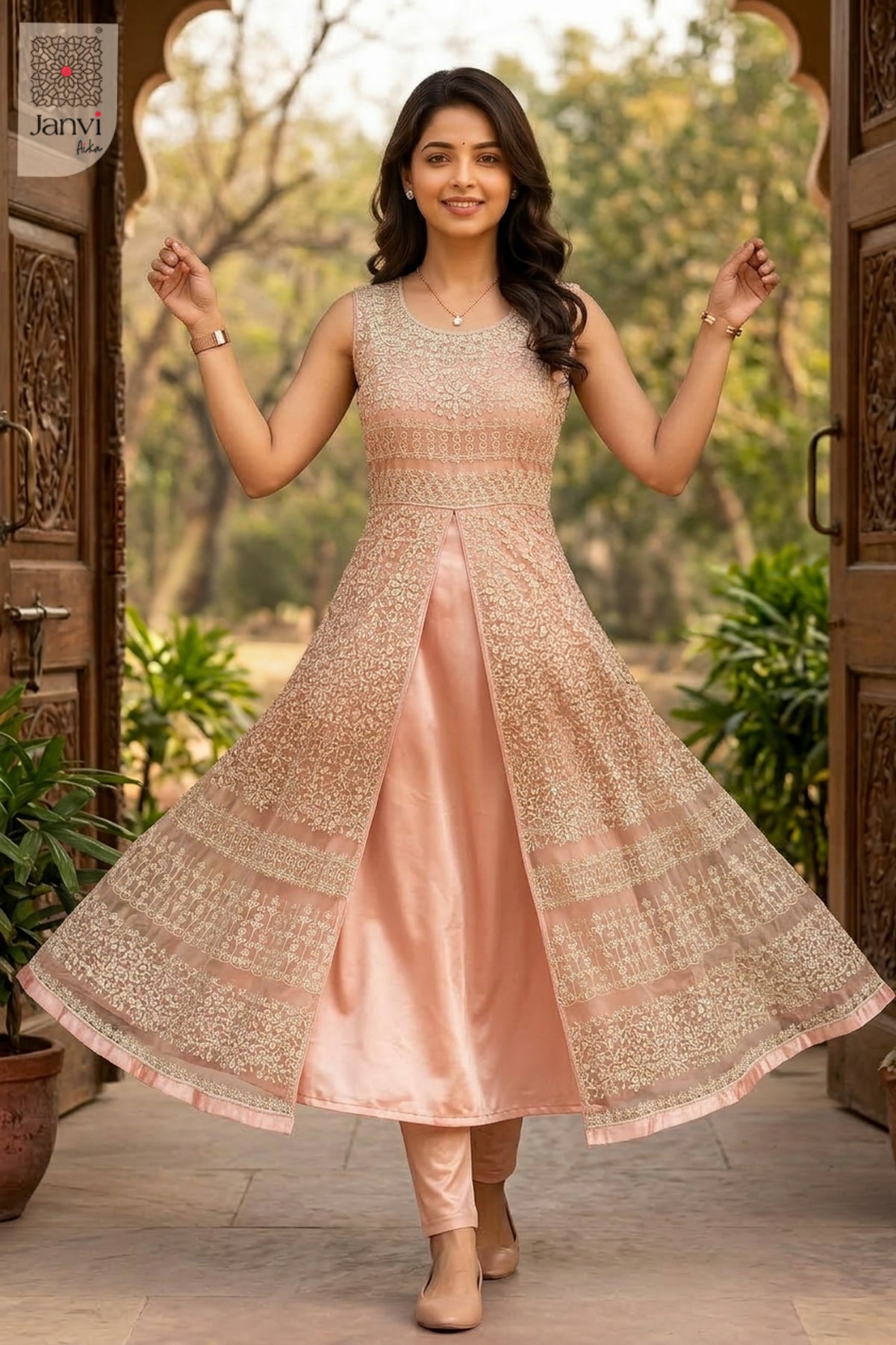 Close-up of bodice and embroidery of Peach Mist Zareen for indian party wear dress for ladies.