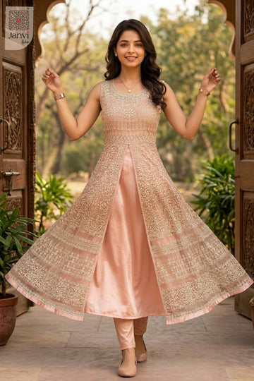 Close-up of bodice and embroidery of Peach Mist Zareen for indian party wear dress for ladies.