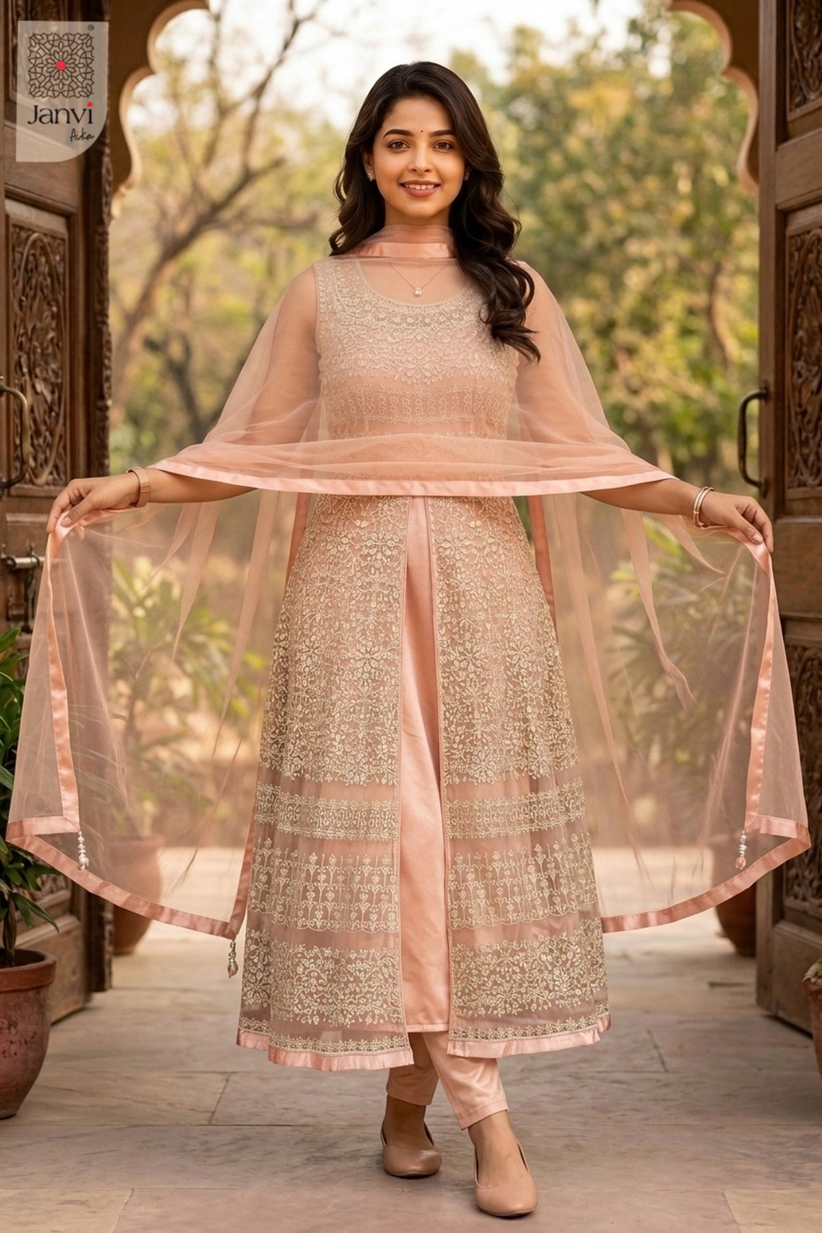 Close-up detail of border and hem design of Peach Mist Zareen for formal western dresses for ladies.