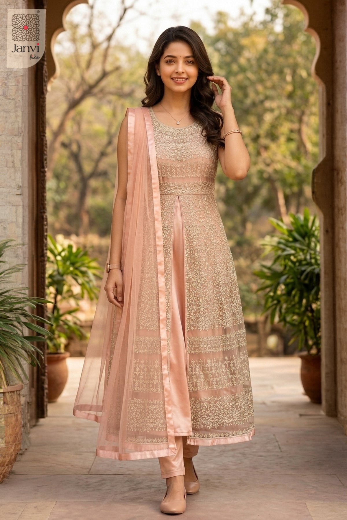 Front full view of Peach Mist Zareen showcasing style for traditional navratri chaniya choli.