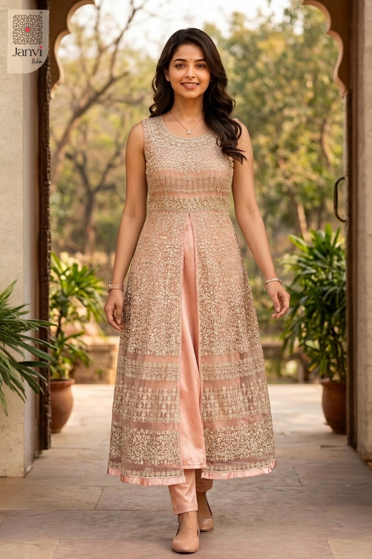 Waist-up front view of Peach Mist Zareen presenting style for beautiful party dresses for ladies.