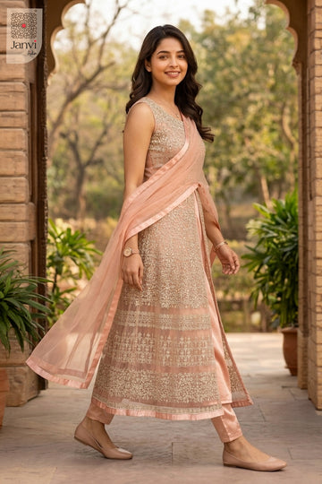 Side profile view of Peach Mist Zareen showcasing design for simple party wear dress for ladies.
