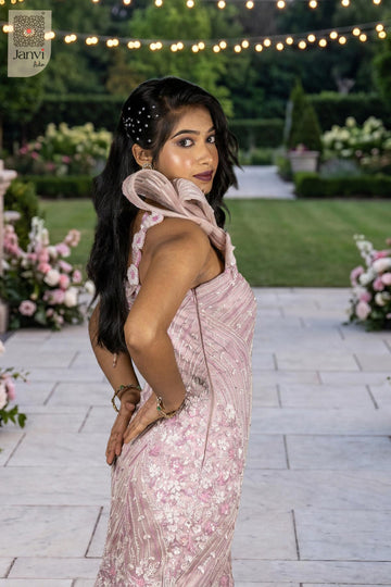 This glamorous side view showcases a stunning style alternative to an ordinary short gown.
