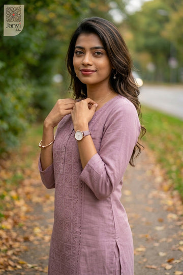 Three-quarter view of Petal Poise from the 2 piece outfits for ladies range with elbow sleeves.
