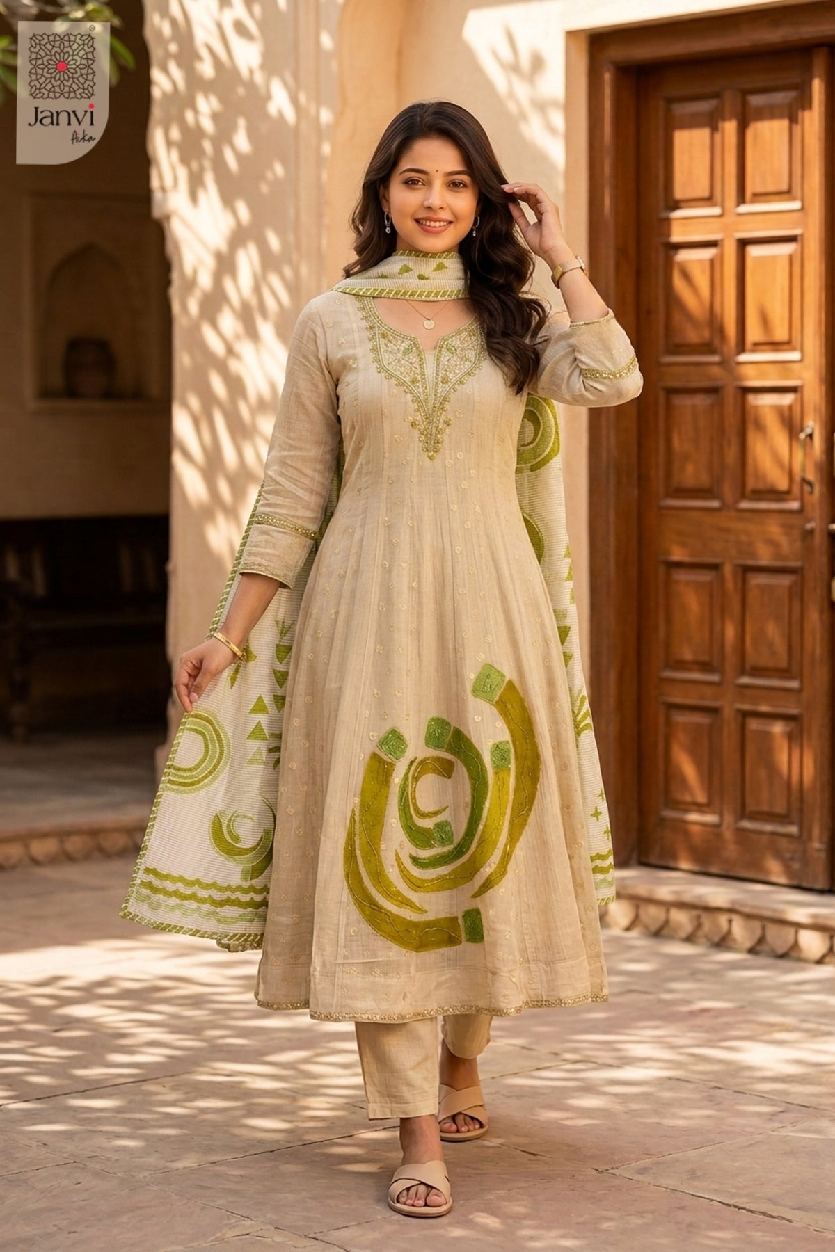 Front full view of Pista Swirl showcasing style for designer dress for women party wear.