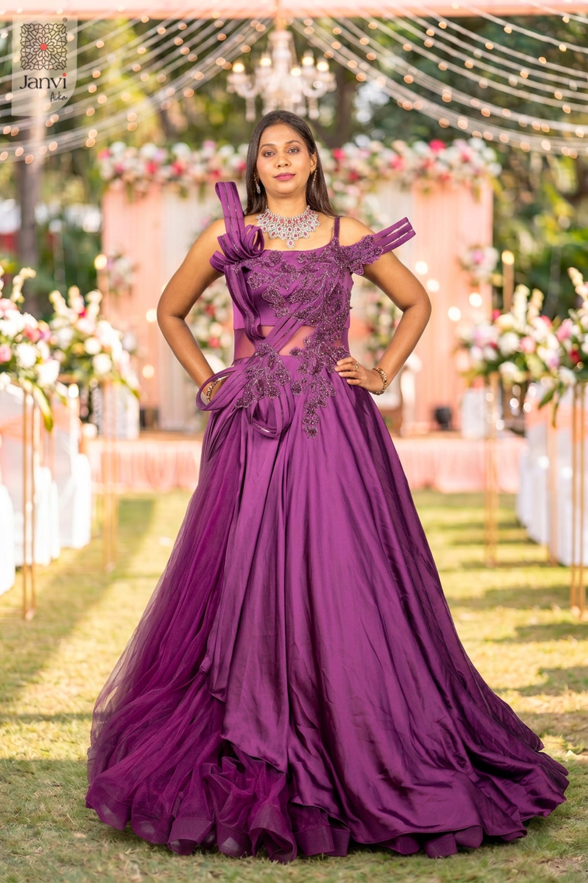 Radiate elegance in this front full view as you explore trendy women's clothing online for parties.