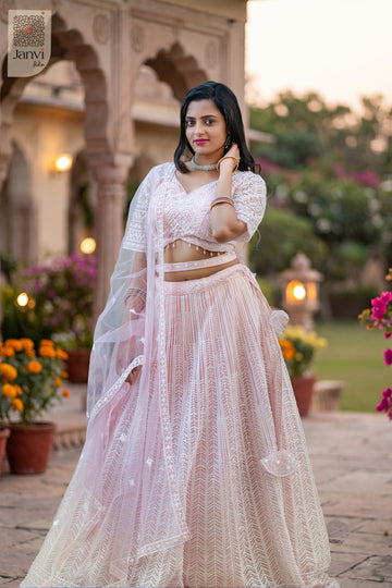 This front full standing shot showcases a gorgeous pink net pink lehenga saree for weddings.