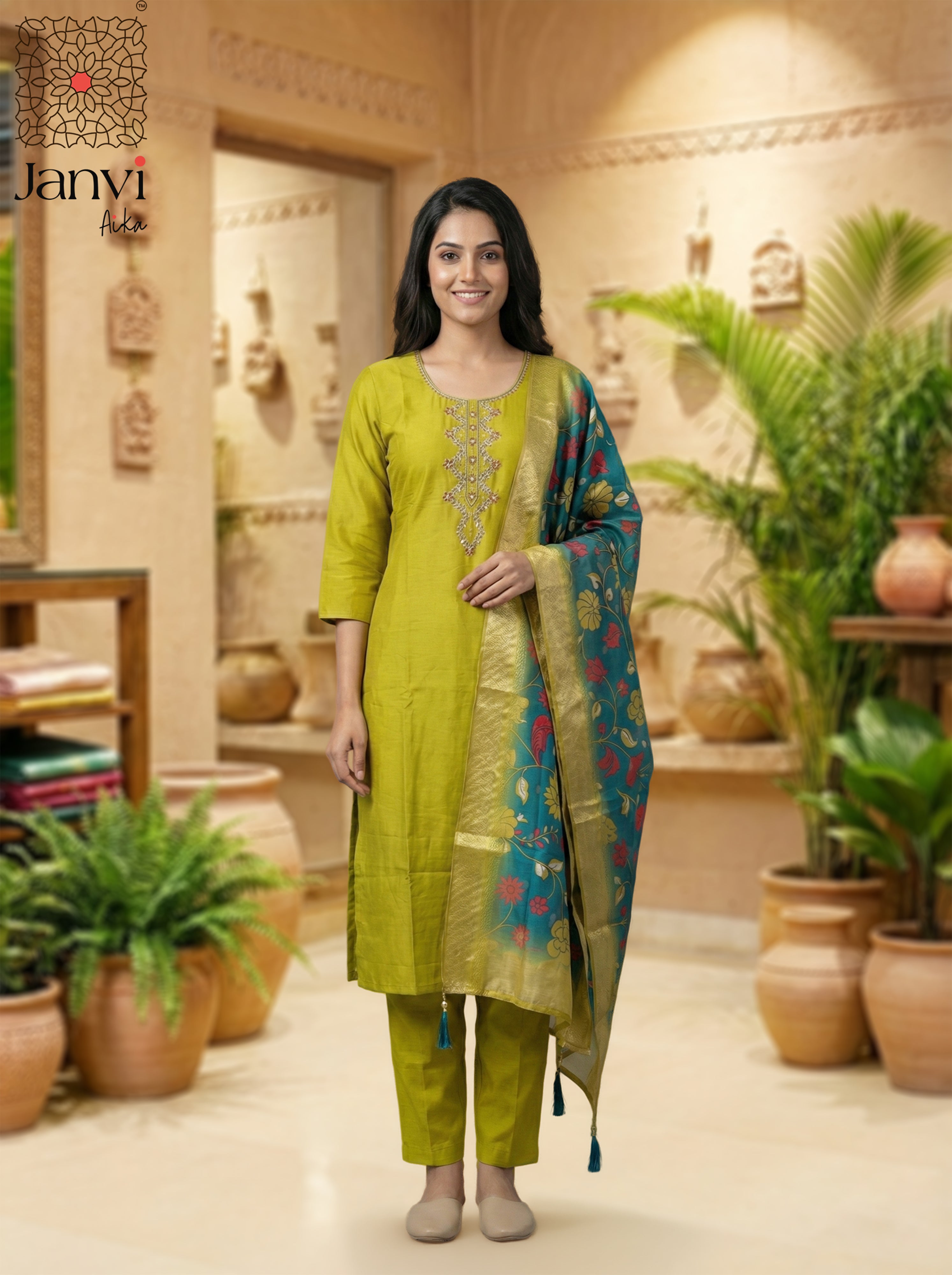 Parrot Green Silk Blend Embroidered Chudidhar Set with Floral Dupatta – Festive Wear
