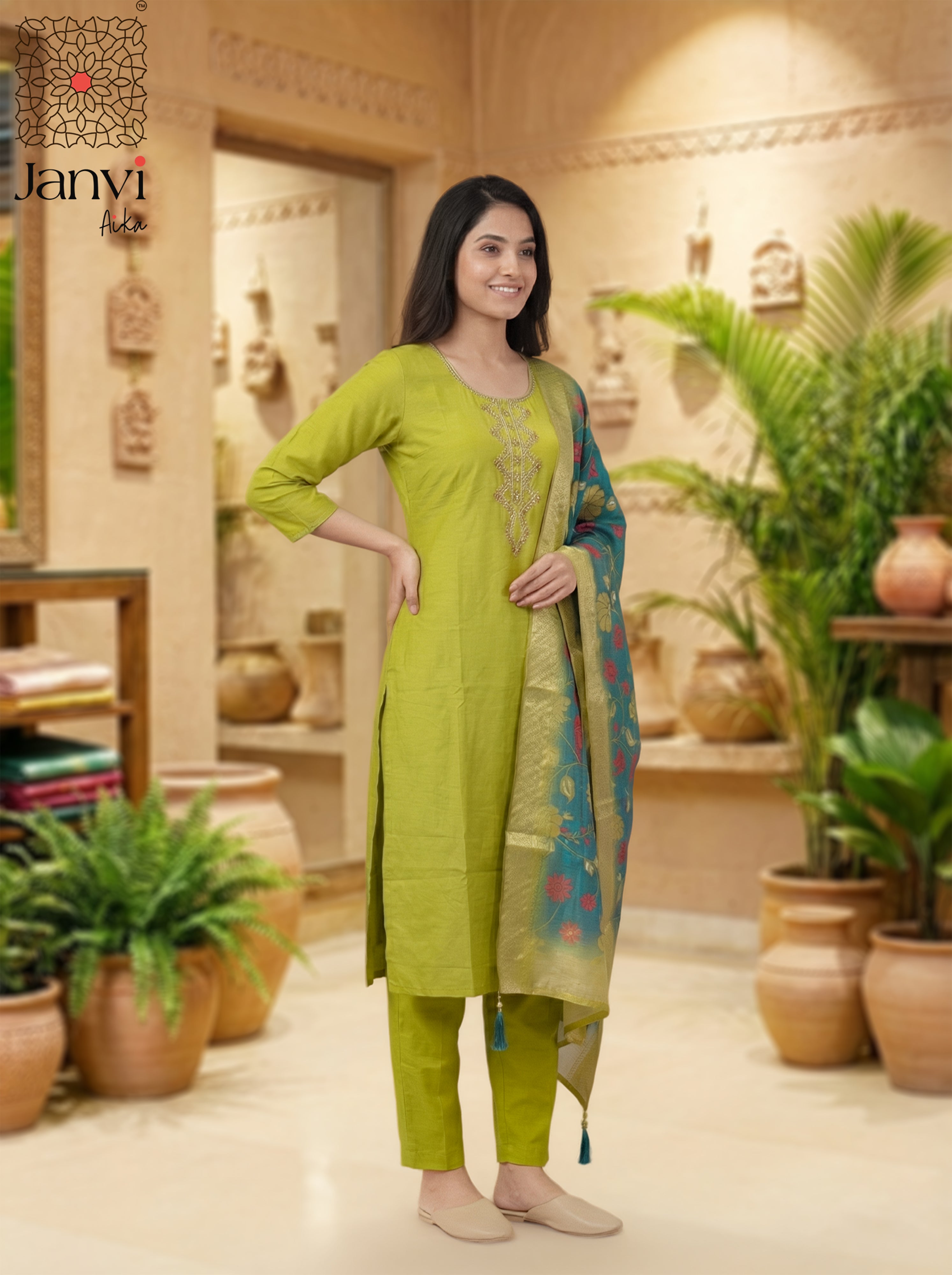 Parrot Green Silk Blend Embroidered Chudidhar Set with Floral Dupatta – Festive Wear