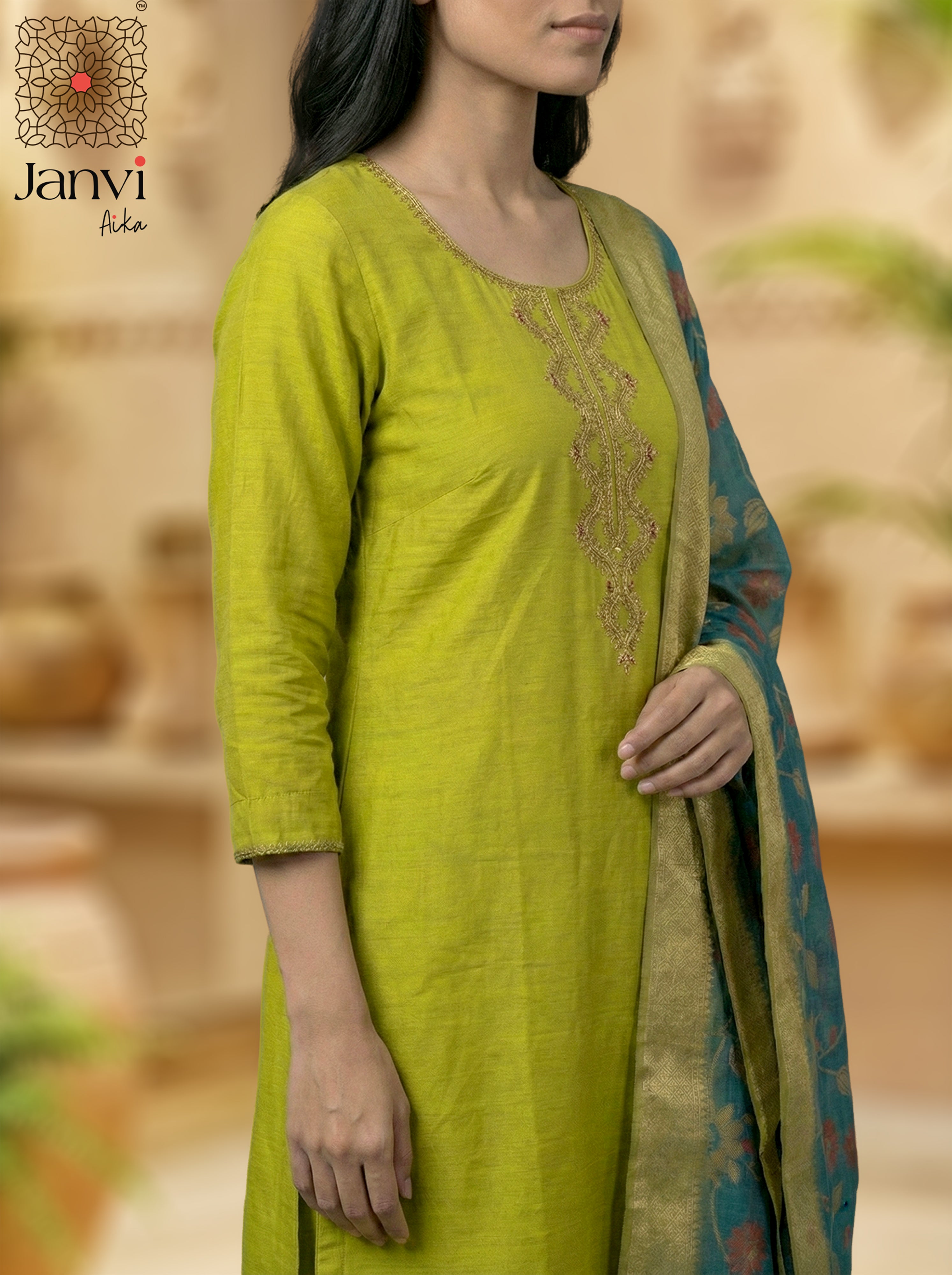 Parrot Green Silk Blend Embroidered Chudidhar Set with Floral Dupatta – Festive Wear