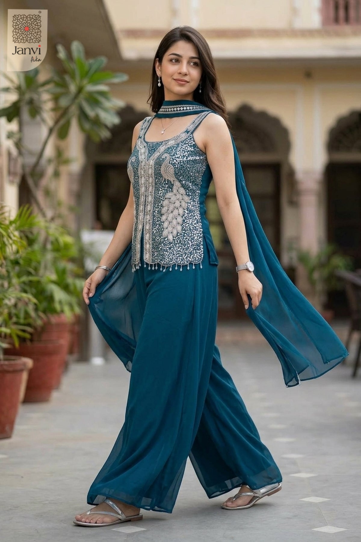 Peacock Teal Sharara Set