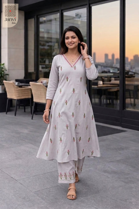 Pearl Grey Blossom Embroidered Set
