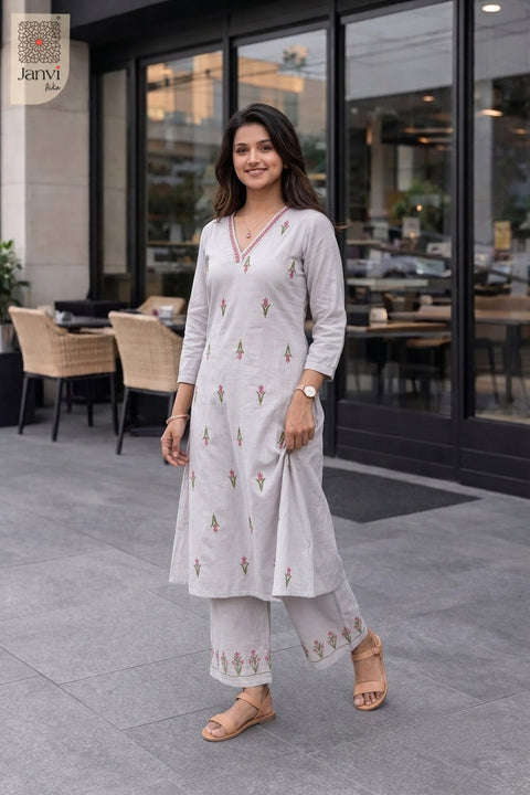 Pearl Grey Blossom Embroidered Set