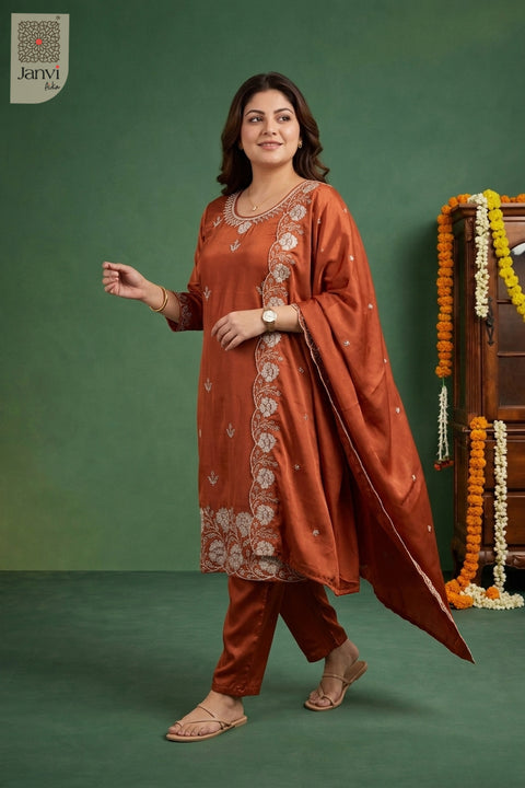 Persimmon Orange Pearl Vine Embroidered Round Neck Kurti