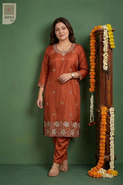 Persimmon Orange Pearl Vine Embroidered Round Neck Kurti