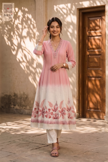 Front angled view of the flared silhouette of Petal Mist for readymade dress online shopping.