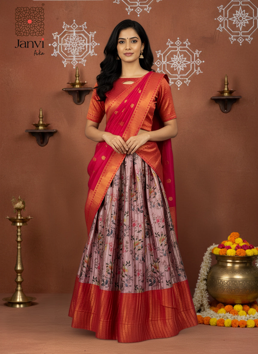 Pink Floral Half Saree Lehenga Set with Rust Silk Blouse & Contrast Pallu