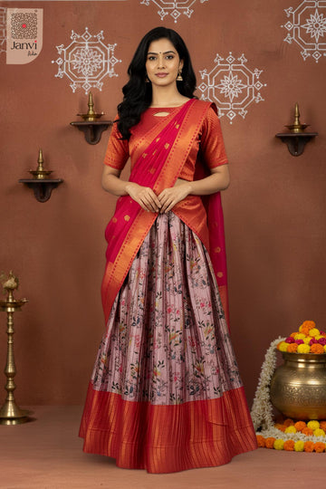 Front full standing shot of a half saree as a beautiful lehenga saree for weddings.
