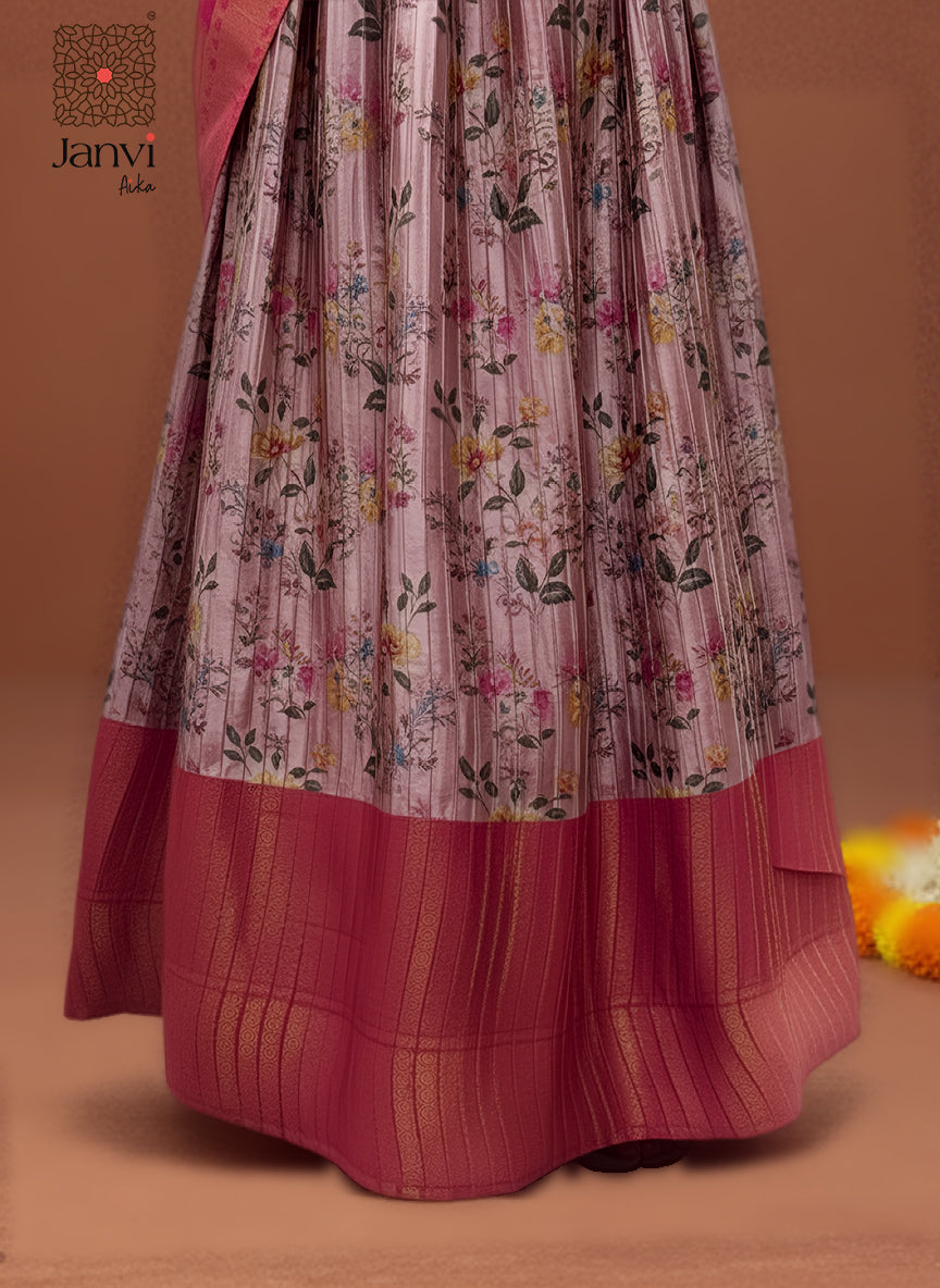 Pink Floral Half Saree Lehenga Set with Rust Silk Blouse & Contrast Pallu