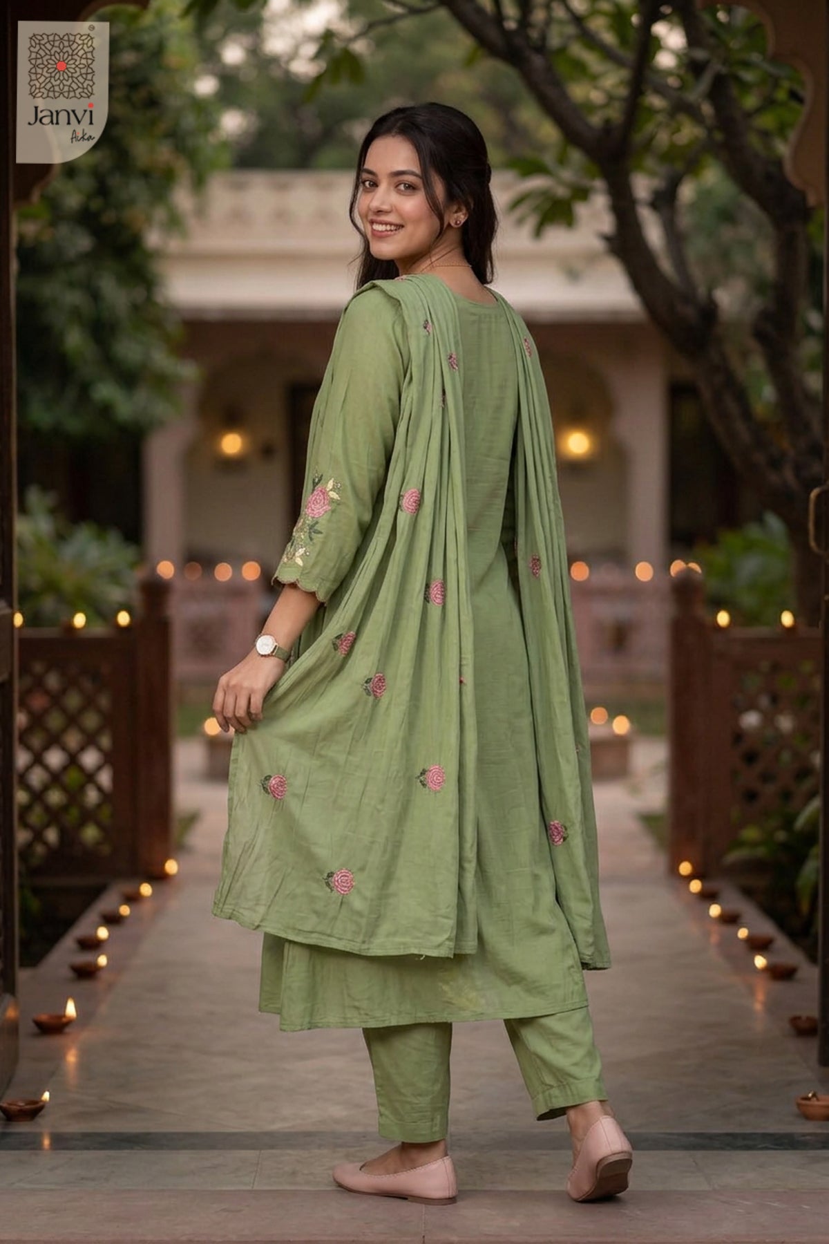 Pista Green Rose Reverie Floral Embroidered Notch V Neck Pleated Kurti