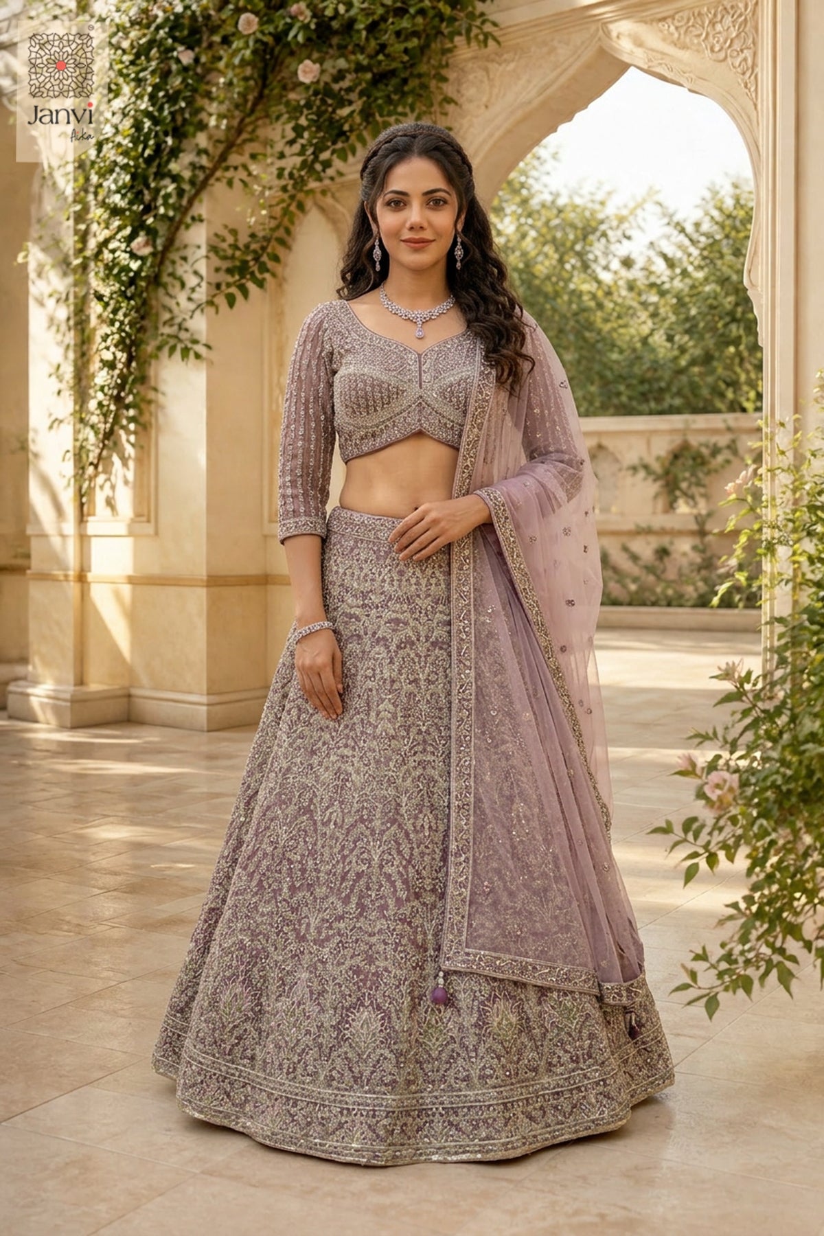 This front full standing shot showcases a gorgeous onion peel net satin silk lehenga for weddings.