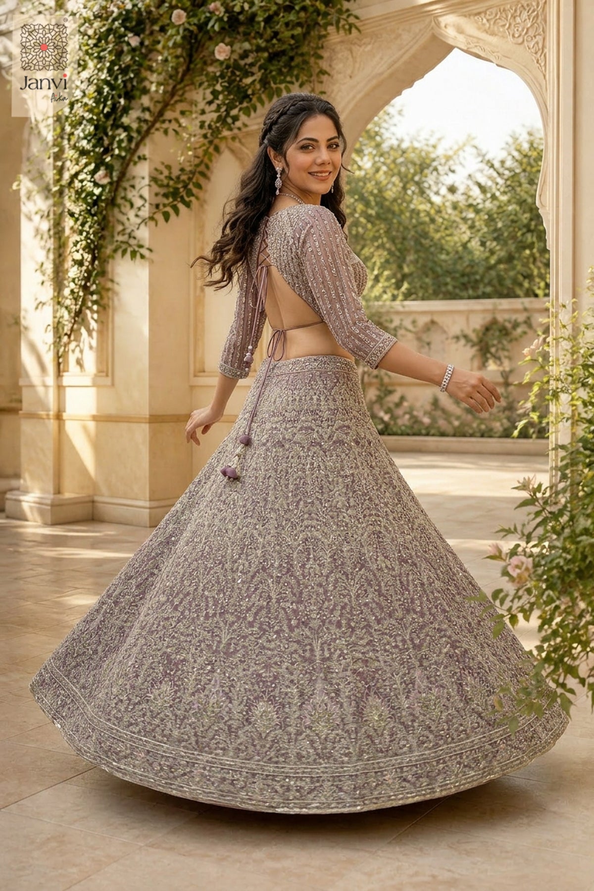 Stunning onion peel net saree lehenga blouse with an exquisite rear full standing shot.