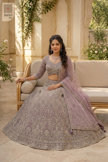 Elegant onion peel net lehenga ka design featuring a detailed front full standing shot.