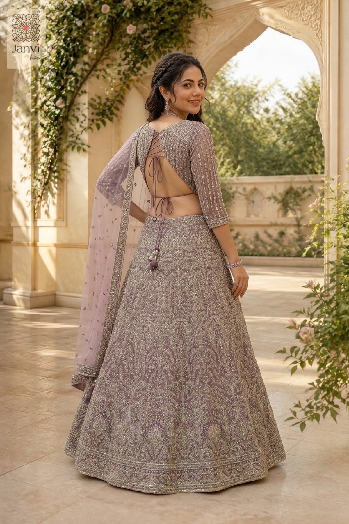 Charming buy lehenga showing a lovely rear full standing shot in a onion peel net style.