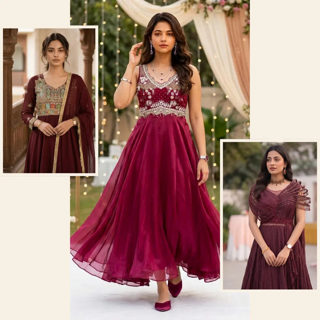 Maroon party wear gown for women with embroidered bodice and elegant festive dress collection