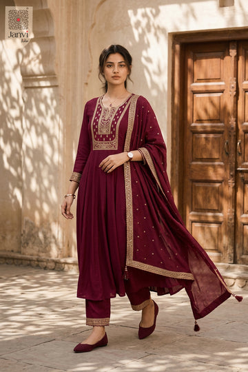 Waist-up front view of Raagamanjari presenting style for designer dress for women party wear.