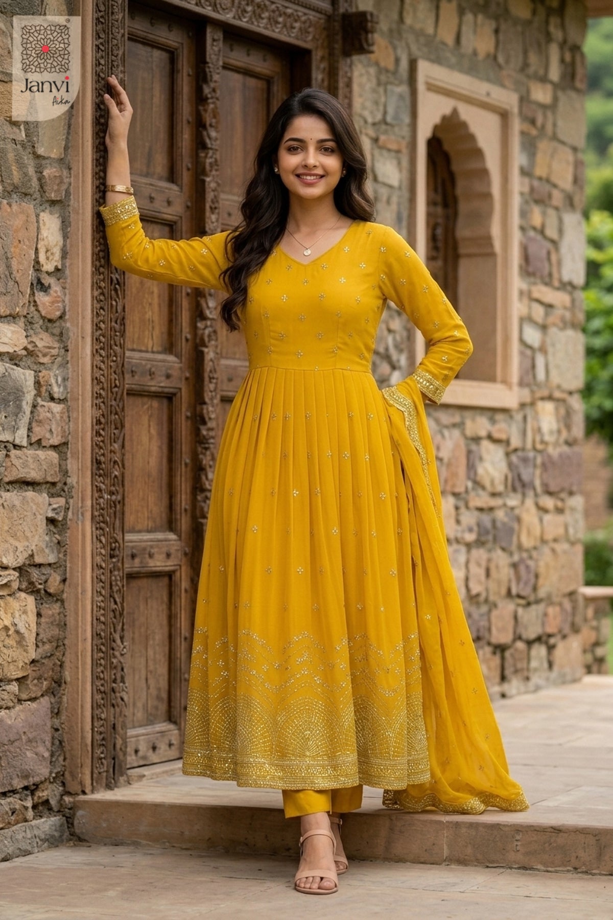 Front full view of Rajasi Haldi Bloom showcasing style for christmas party dresses for women.