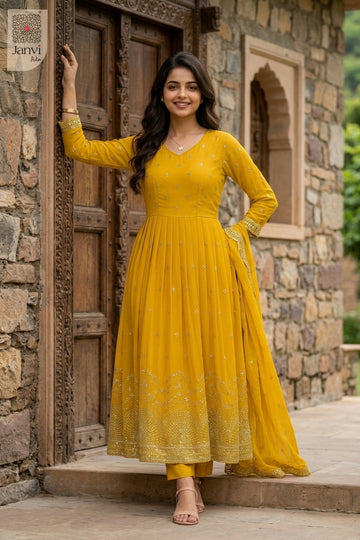 Front full view of Rajasi Haldi Bloom showcasing style for christmas party dresses for women.