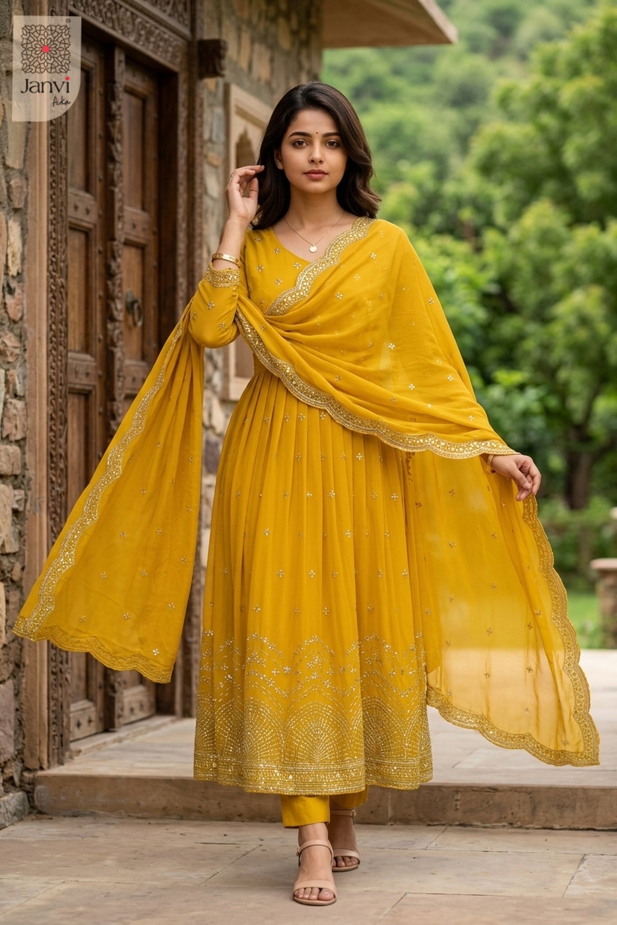 Close-up of bodice and embroidery of Rajasi Haldi Bloom for readymade party wear suits online.