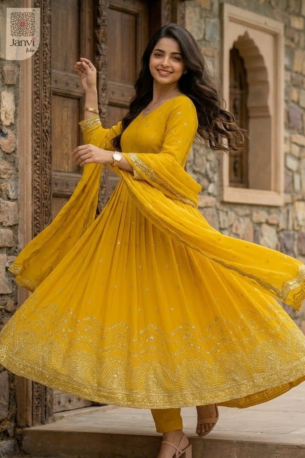 Side profile view of Rajasi Haldi Bloom showcasing design for best online boutiques for dresses.