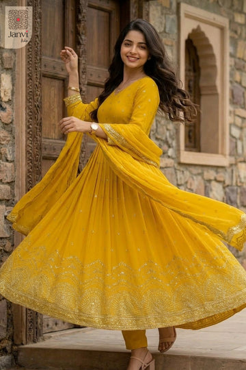 Side profile view of Rajasi Haldi Bloom showcasing design for best online boutiques for dresses.
