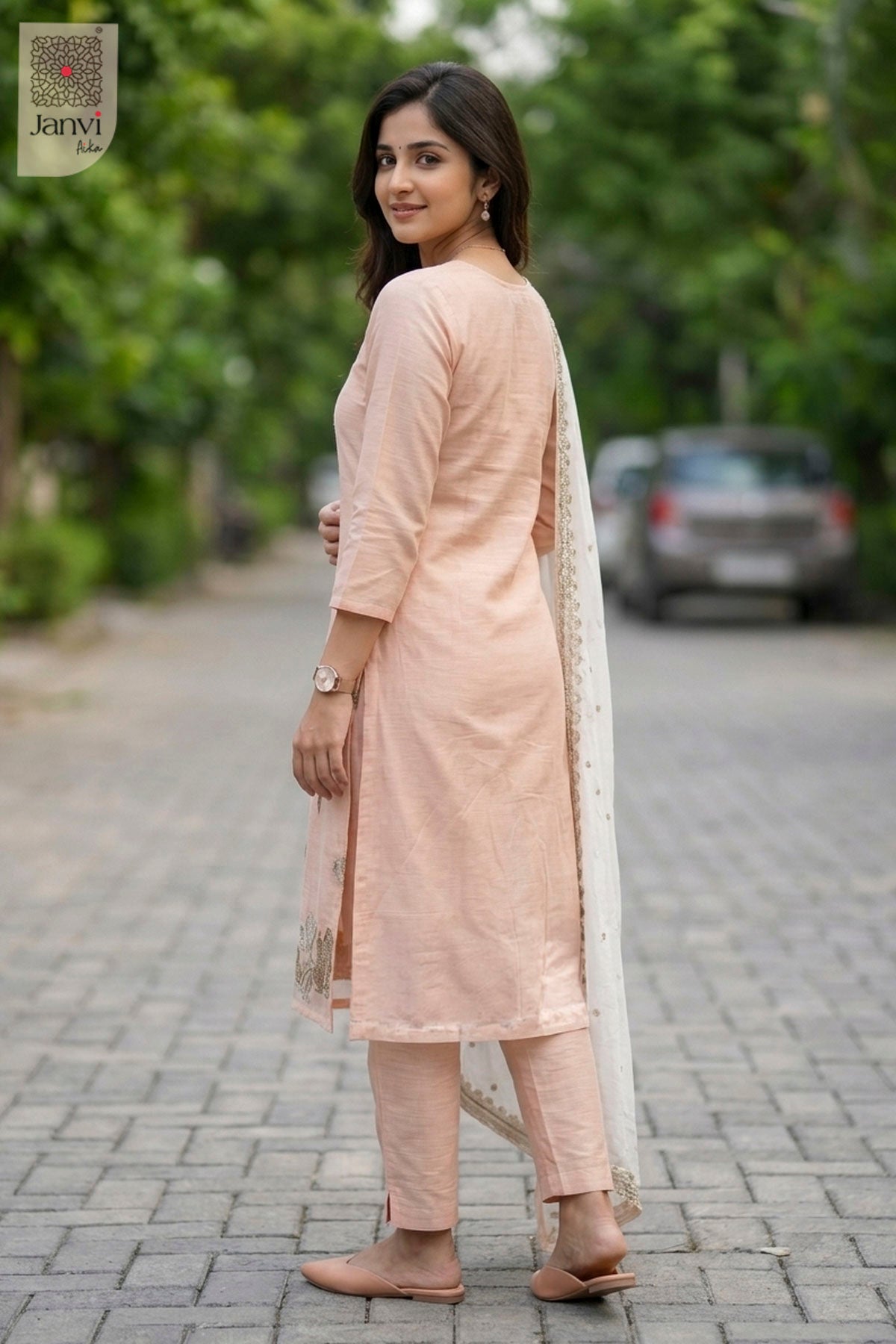 Back view showing neckline styling of Roselyn Soft Blush for readymade party wear suits online.