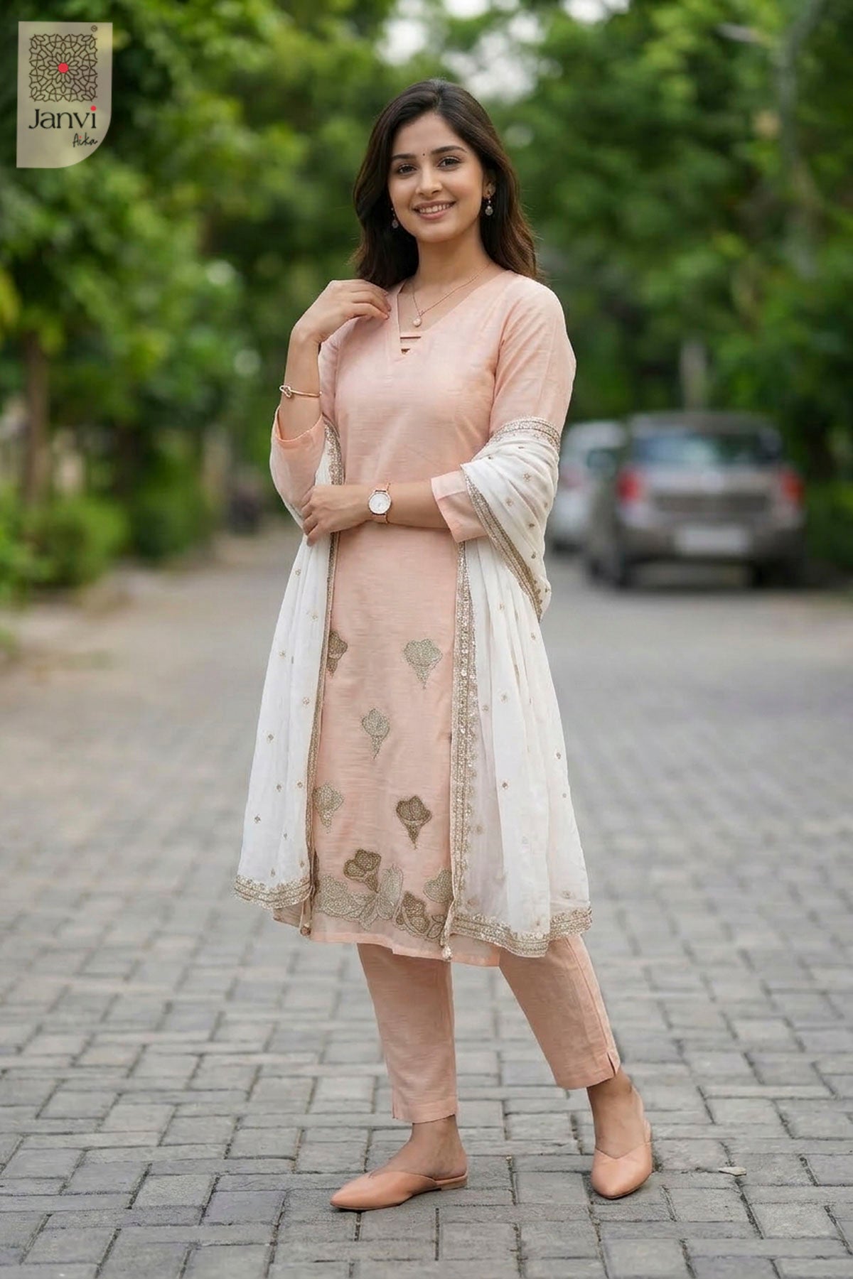 Side profile view of Roselyn Soft Blush showcasing design for christmas party dresses for women.