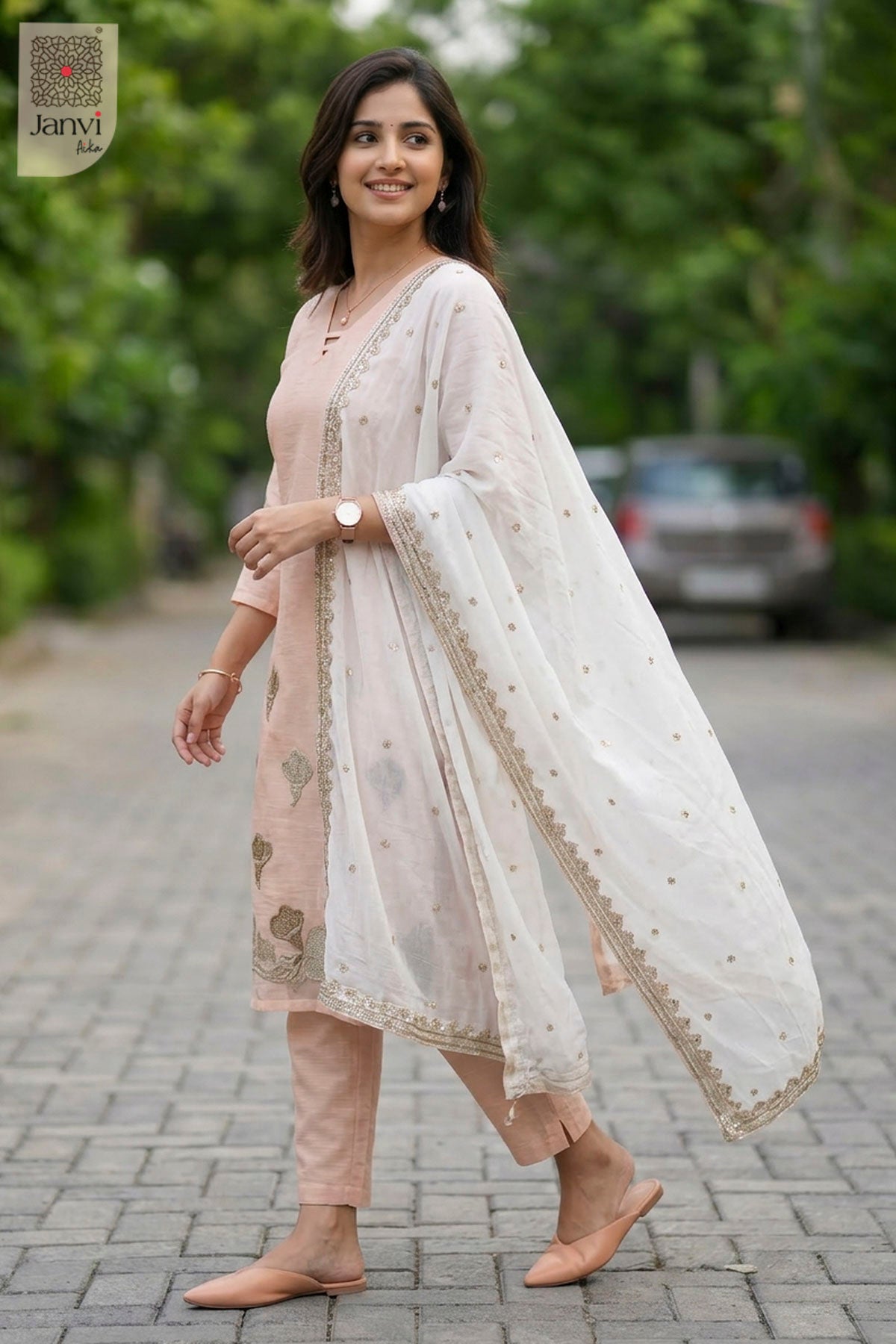Waist-up front view of Roselyn Soft Blush presenting style for birthday party dresses for ladies.