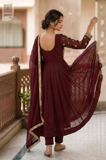 Front angled view of the flared silhouette of Royal Merlot for birthday party dresses for ladies.