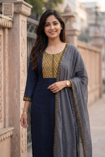 Close-up of bodice and embroidery of Royal Neelam for readymade dress online shopping.
