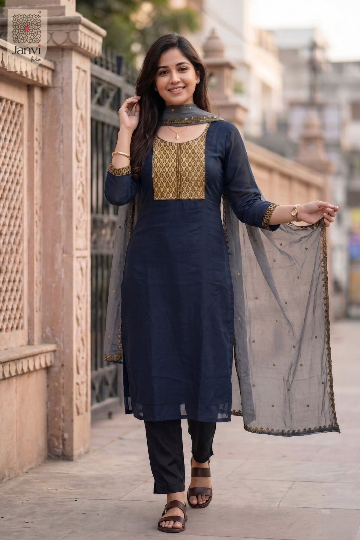 Front full view of Royal Neelam showcasing style for silk traditional dress for women.
