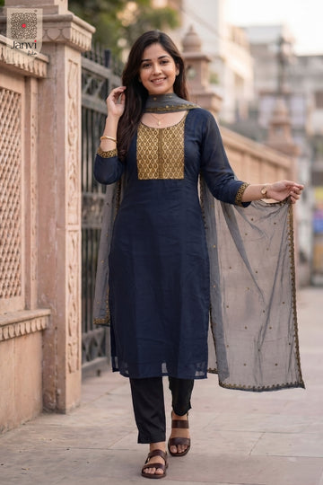 Front full view of Royal Neelam showcasing style for silk traditional dress for women.