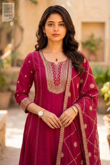 Front angled view of the flared silhouette of Royal Rani for indian party wear dresses for women.